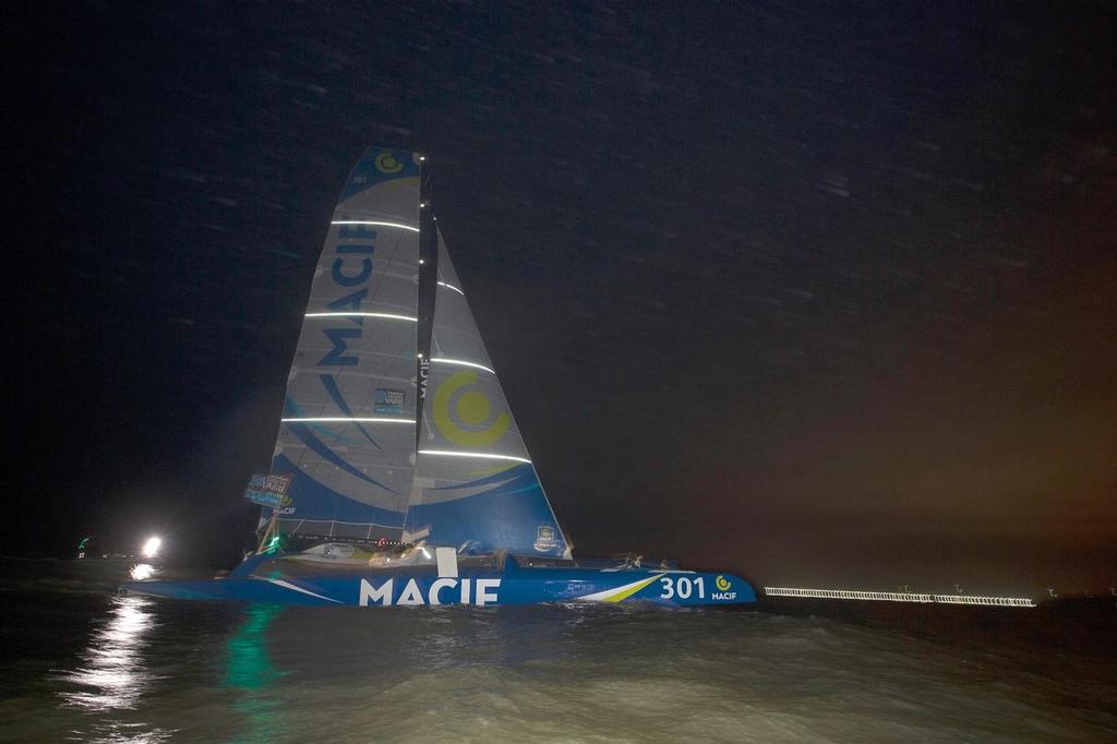 Ultime Macif, skippers Francois Gabart (FRA) and Pascal Bidegorry (FRA), winner of the Ultime category in 12d 17h 29mn 27sec, during the Transat Jacques Vabre sailing race arrivals  on november 07, 2015 in Itajai, Brazil  &copy;  Jean-Marie Liot / DPPI / TJV http://www.transat-jacques-vabre.com/